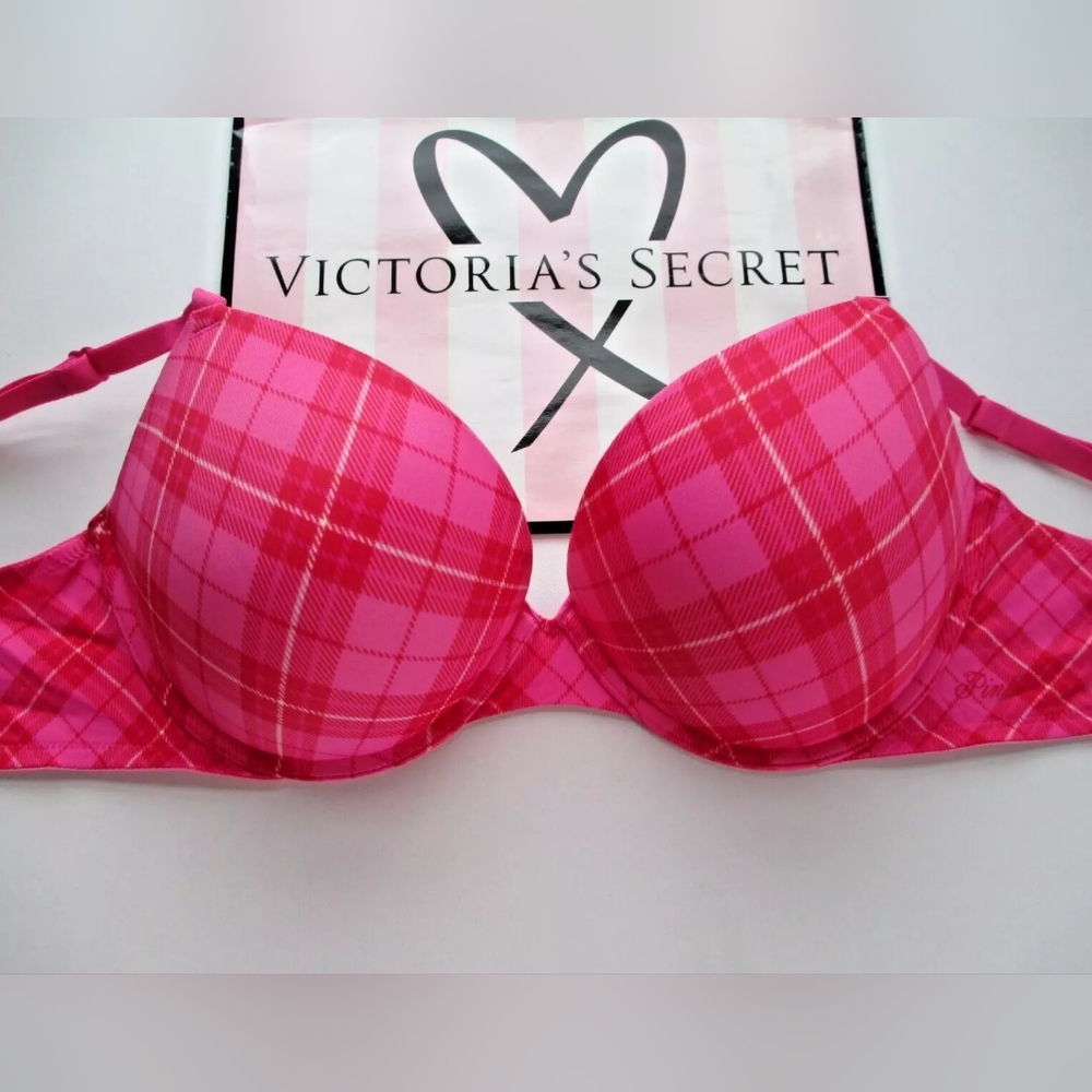 VICTORIA'S SECRET PINK Super Push-Up Bra VS Carmine Pink Red Plaid NWT All Sizes